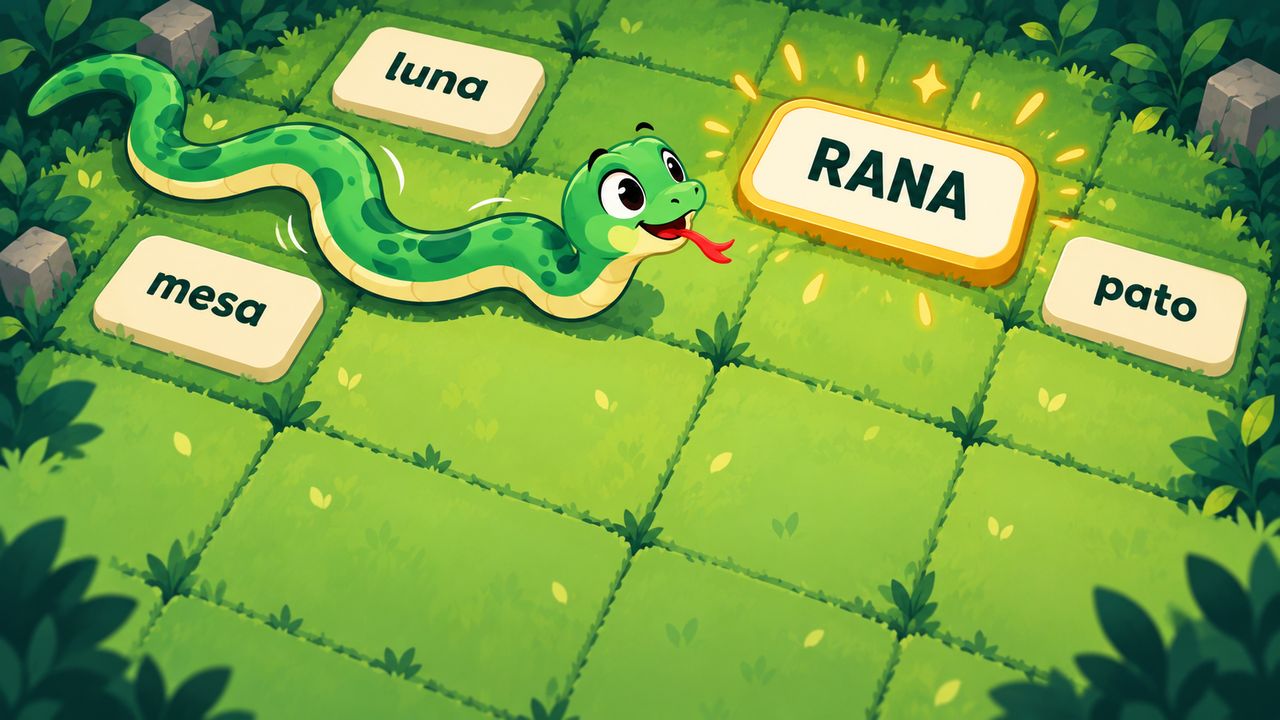 Una serpiente verde va hacia la palabra RANA y deja a un lado luna, mesa y pato